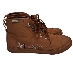 Bangs Unisex Floral Embroidered Brown High-Top Sneakers Women Size 7.5 Men's 6